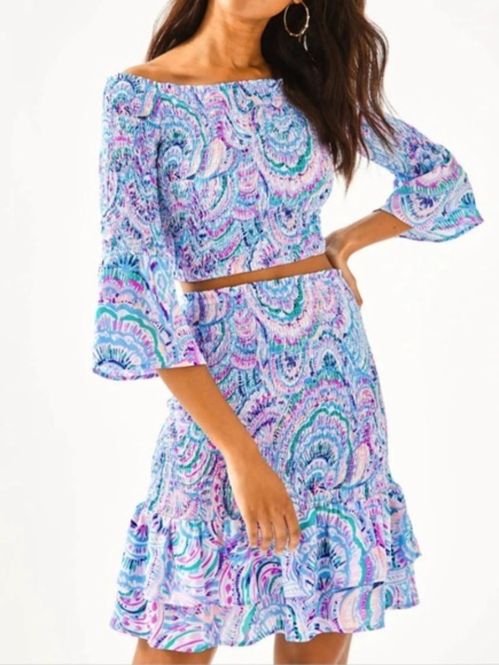 Lilly Pulitzer Soren Skirt Set Happy As A Clam crop top ruffle skirt size small